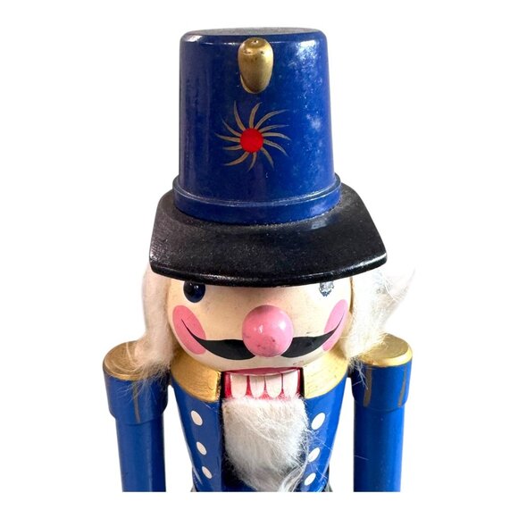 Vintage Wooden Blue Toy Soldier Nutcracker Red Base & Hat Christmas Holiday READ - Picture 2 of 9